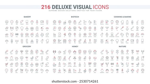 Biotech, nature and biology, beekeepers products and honey line icon set. Electrical appliances and chefs tools to cook, bake bread and cake thin black and red outline symbols vector illustration