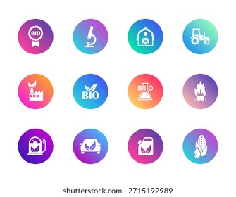 Biotecnología, orgánica, eco. Conjunto de Vectores de 12 iconos de gradiente redondo con símbolos de biocombustible, laboratorio, maíz y hojas para sostenibilidad, agricultura y diseño de interfaz de usuario ambiental.