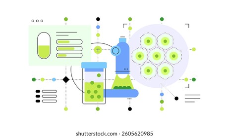 Biotech, research and bioengineering. Medicals development. Flat illustration. Vector file.