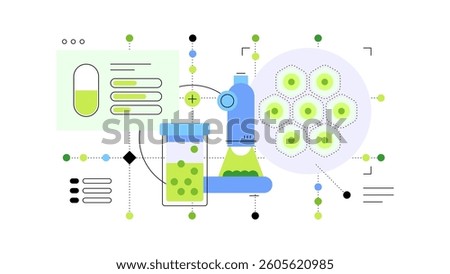Biotech, research and bioengineering. Medicals development. Flat illustration. Vector file.