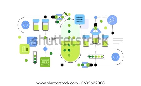 Biotech, research and bioengineering. Medicals development. Flat illustration. Vector file.