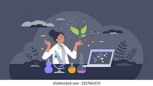 Biotech research with biology and technology science tiny person concept. Chemistry usage for crop cultivation, genetic experiments or bio based pharmacy vector illustration. Herbal DNA modification.