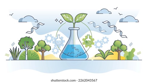 Biotech science as biology and technological innovations outline concept. New material research and development using nature cellular characteristics and plant strength properties vector illustration