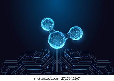 Biotechnologie, wissenschaftliche Innovation und molekulares Technologiekonzept mit leuchtendem Polygonmolekül über der Leiterplatte. Futuristische neonblaue Vektorgrafik. Chemie, Forschung, digitale Wissenschaftsthemen.