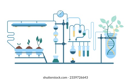 Investigación científica en biotecnología en la ilustración de vector de laboratorio. Equipo de laboratorio experimental de caricatura con red de tubos de ensayo para cultivar plantas, experimento genético con ADN, biotecnología en agricultura