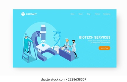 Biotech Services Based Landing Page Design with Illustration of Scientists Doing Research in Laboratory and DNA Structure.