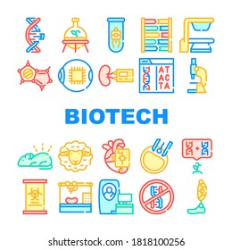Biotech Technology Collection Icons Set Vector. Biotech Eye And Kidney, Decoding Dna Code And Testing, Dolly Sheep And Bioengineering Concept Linear Pictograms. Color Contour Illustrations