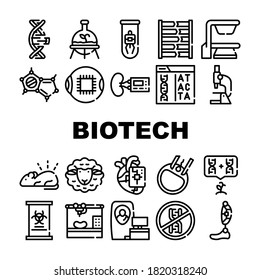 Biotech Technology Collection Icons Set Vector. Biotech Eye And Kidney, Decoding Dna Code And Testing, Dolly Sheep And Bioengineering Black Contour Illustrations