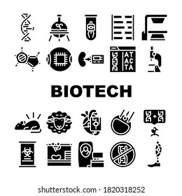 Biotech Technology Collection Icons Set Vector. Biotech Eye And Kidney, Decoding Dna Code And Testing, Dolly Sheep And Bioengineering Glyph Pictograms Black Illustrations