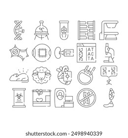 Biotech Technology Collection Icons Set Vector. Biotech Eye And Kidney, Decoding Dna Code And Testing, Dolly Sheep And Bioengineering Black Contour Illustrations