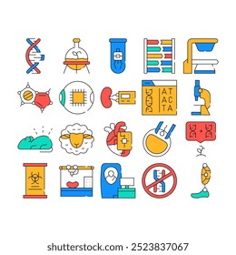 Biotech Tecnologia Coleção Ícones Conjunto Vetor. Biotech Olho E Rim, Decodificação De Código De Dna E Testes, Dolly Ovelha E Bioengenharia Ilustrações De Contorno De Cor