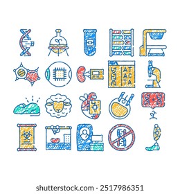 biotech tecnologia doodle ícones definir vetor. esboço linha arte biotech olho e rim, decodificação de código de dna e testes, dolly ovelha e bioengenharia ilustrações de cores