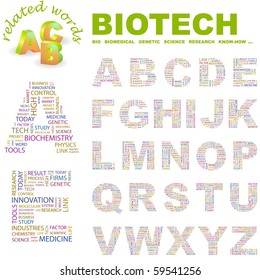 BIOTECH. Kollektion von Vektorbriefen. Illustration mit unterschiedlichen Assoziationsbegriffen.