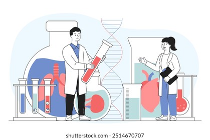 Concepto de ciencia biotecnológica. Hombre y mujer con uniforme médico cerca de tubos de ensayo con órganos internos y ADN. Los médicos realizan experimentos científicos en laboratorio. Ilustración vectorial lineal