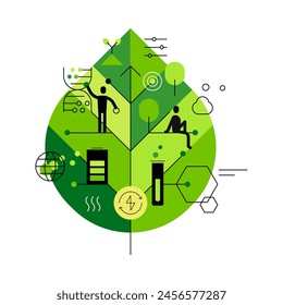 Biotechnologies. Plant, green leaf with people, scientific and nature elements. Infographic element. Flat illustration. Vector file.