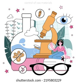 Biotechnologist concept. Technical biochemist controling raw materials and synthesizing new products. Biochemist works with biological processes at molecular level. Flat vector illustration