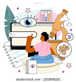 Biotechnologist online service or platform. Technical biochemist controling raw materials and synthesizing new products. Website. Flat vector illustration