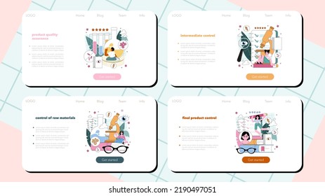 Biotechnologist web banner or landing page set. Technical biochemist controling raw materials and synthesizing new products. Biochemist works with biological processes. Flat vector illustration