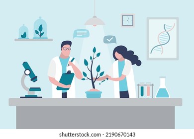 Biotechnologists grow new kind of plant. Scientists conduct experiments on plants, fertilizers in laboratory. Doctor assistant writes report about experiment. Genetic engineering. Vector illustration