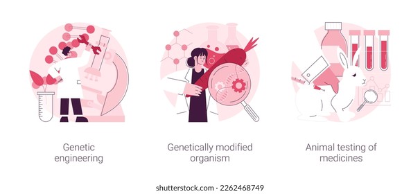 Biotechnology abstract concept vector illustration set. Genetic engineering, genetically modified organism, animal testing of medicines, transgenic organism, lab experiment abstract metaphor.
