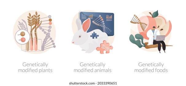 Biotechnology in agriculture abstract concept vector illustration set. Genetically modified plants and animals, GM food industry, gmo farming, transgenic crops, nutrition safety abstract metaphor.