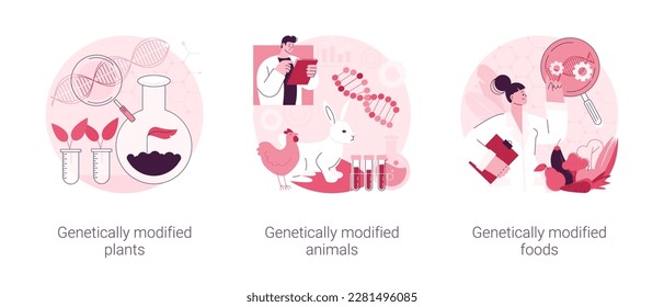 La biotecnología en la agricultura abstracta concepto de conjunto de ilustraciones vectoriales. Plantas y animales modificados genéticamente, industria alimentaria con MG, agricultura de gmo, cultivos transgénicos, metáfora abstracta de seguridad nutricional.