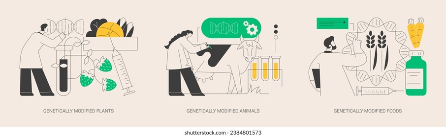 Biotechnology in agriculture abstract concept vector illustration set. Genetically modified plants and animals, GM food industry, gmo farming, transgenic crops, nutrition safety abstract metaphor.