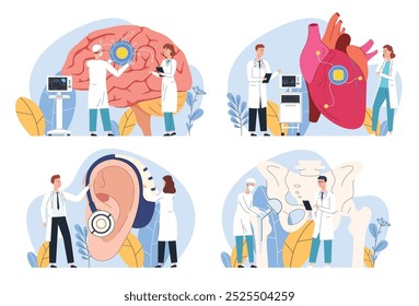 Biotechnology artificial implant. Treatment and improvement of the human body. Modern scientific doctoral studies on human capabilities. Vector illustration