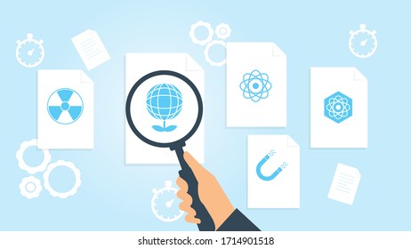 Biotechnology, atom file, document research vector illustration. Document with search icons. File and magnifying glass. Analytics research sign. Vector Illustration