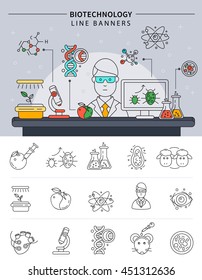Biotechnology banner set in linear style scientist conducting experiments in his laboratory at work vector illustration