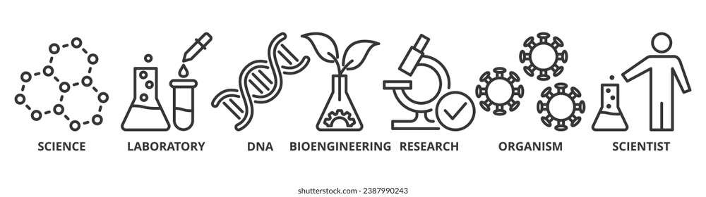 Biotechnology banner web icon vector illustration concept with icon of science, laboratory, dna, bioengineering, research, organism, and scientist