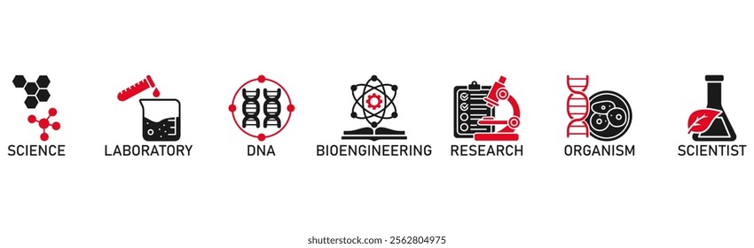 Biotechnology banner web icon vector illustration concept with icon of science, laboratory, dna, bioengineering, research, organism, and scientist