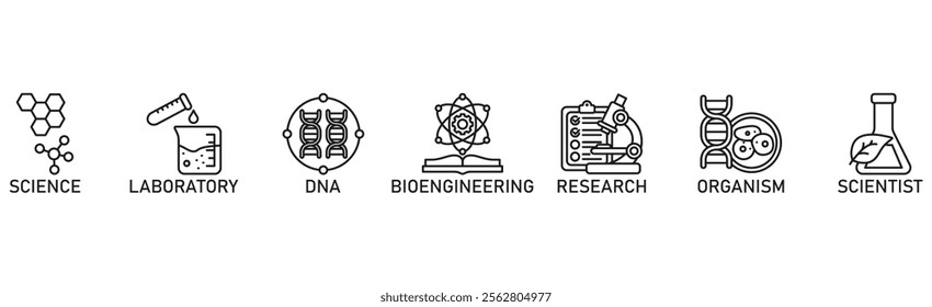 Biotechnology banner web icon vector illustration concept with icon of science, laboratory, dna, bioengineering, research, organism, and scientist