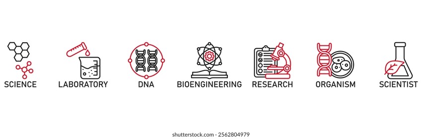 Biotechnology banner web icon vector illustration concept with icon of science, laboratory, dna, bioengineering, research, organism, and scientist