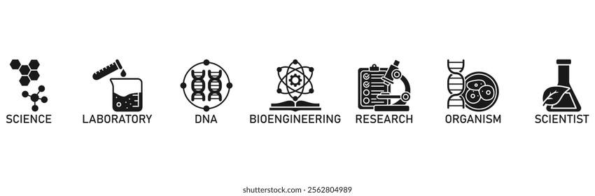 Biotechnology banner web icon vector illustration concept with icon of science, laboratory, dna, bioengineering, research, organism, and scientist