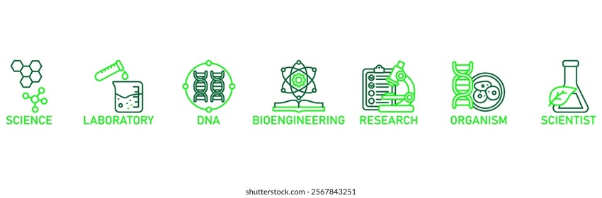  Biotechnology banner web icon vector illustration concept with icon of science, laboratory, dna, bioengineering, research, organism, and scientist
