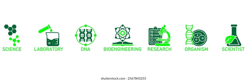  Biotechnology banner web icon vector illustration concept with icon of science, laboratory, dna, bioengineering, research, organism, and scientist
