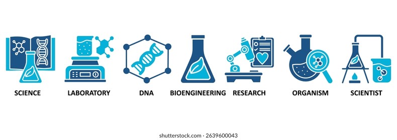 Biotechnology banner web icon vector illustration concept with icon of science, laboratory, dna, bioengineering, research, organism, and scientist
