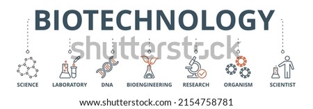 Biotechnology banner web icon vector illustration concept with icon of science, laboratory, bioengineering, research, organism, and scientist