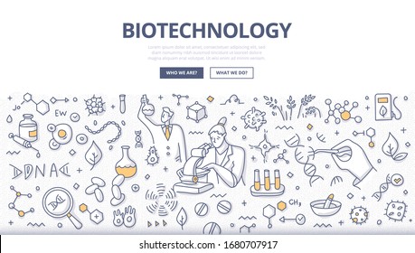 Conceito de biotecnologia e bioengenharia. Os cientistas estão conduzindo um experimento para mudar o DNA para desenvolver tecnologias e produtos que ajudam a melhorar nossas vidas e a saúde. Ilustração de doodle