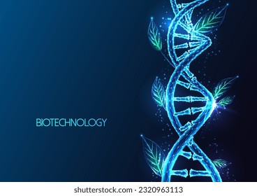 Biotechnologie, Biotechnologie, nachhaltiges futuristisches Konzept der Genetik mit DNA und grünen Blättern in glänzendem polygonalen Stil auf dunkelblauem Hintergrund. Moderne abstrakte Design, Vektorgrafik.