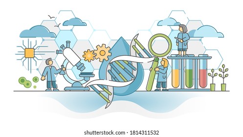 Biotechnology or biotech DNA research as genetic science outline concept. Biology and chemistry experiments using gene technology in laboratory vector illustration. Helix spiral clone study process.