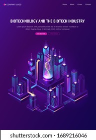 Biotechnology And Biotech Industry Isometric Landing Page. Smart City With Dna Hologram Projection In Bio Laboratory And Neon Glowing Skyscrapers. Futuristic Genetic Engineering, 3d Vector Web Banner