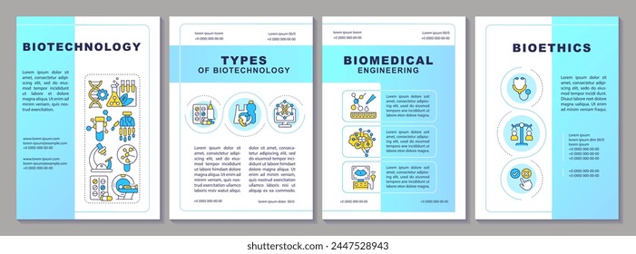 Biotechnology blue brochure template. Biomedical engineering. Leaflet design with linear icons. Editable 4 vector layouts for presentation, annual reports. Arial-Black, Myriad Pro-Regular fonts used
