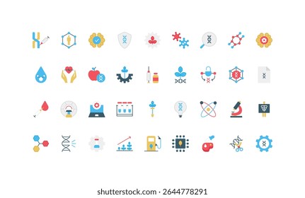 Biotechnology and chemistry lab research, manipulation with DNA and chromosome protection color icon set. Plant based meat, biochemistry and microbiology idea, invention flat vector illustration