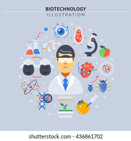 Biotechnology colored composition with science icon set around scientist on gray background vector illustration