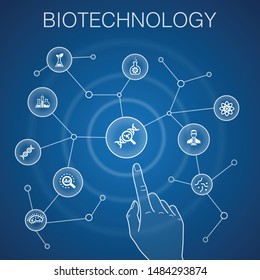 Biotechnology  concept, blue background. DNA, Science, bioengineering, biology icons