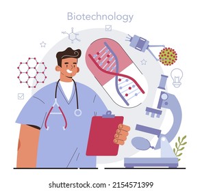 Biotechnology concept. Cellular and biomolecular processes research for medicine development. Therapeutic or commercial animal cloning innovative technologies. Flat vector illustration