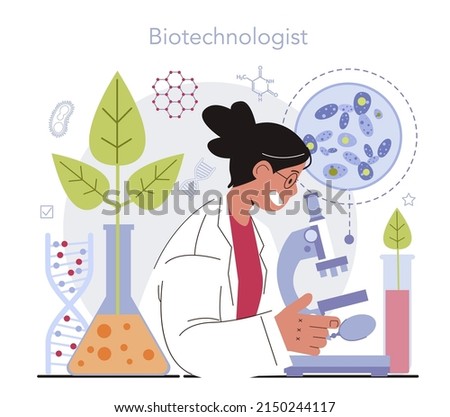Biotechnology concept. Cellular and biomolecular processes research for medicine development. Therapeutic or commercial animal cloning innovative technologies. Flat vector illustration