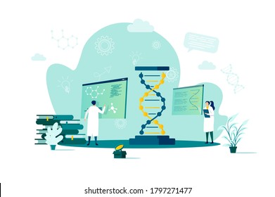 Biotechnology concept in flat style. Scientists in laboratory scene. Science research, DNA sequence cloning and recombination web banner. Vector illustration with people characters in work situation.